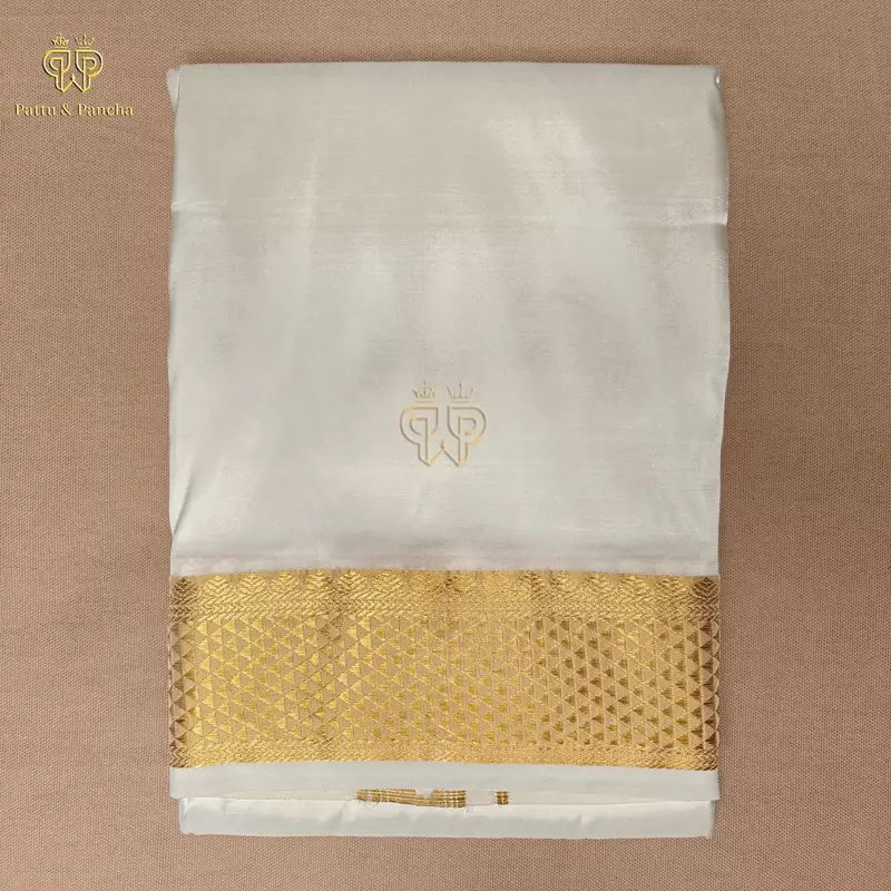 Pure Silk Blend Off White Dhoti with Traditional Gold Zari Border