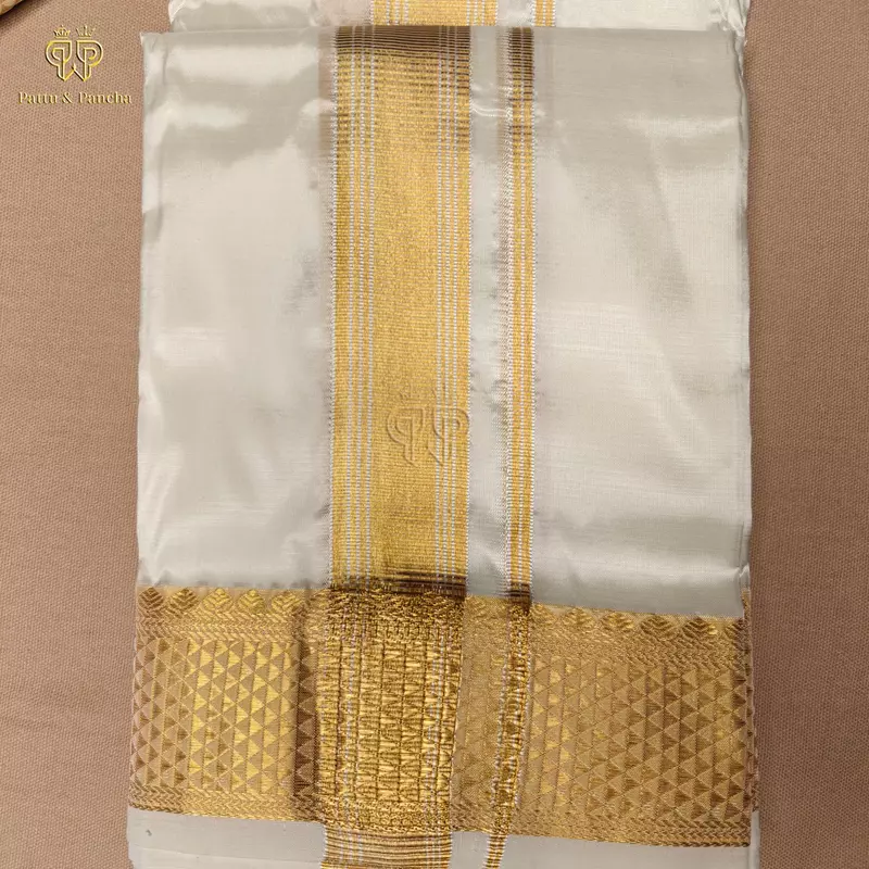 Pure Silk Blend Off White Dhoti with Traditional Gold Zari Border