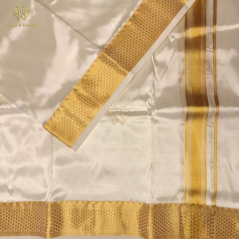 Pure Silk Blend Off White Dhoti with Traditional Gold Zari Border