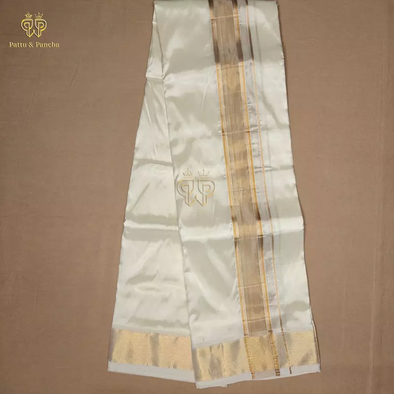 Pure Silk Blend Off White Panchakacham Dhoti with Traditional Gold Zari Border