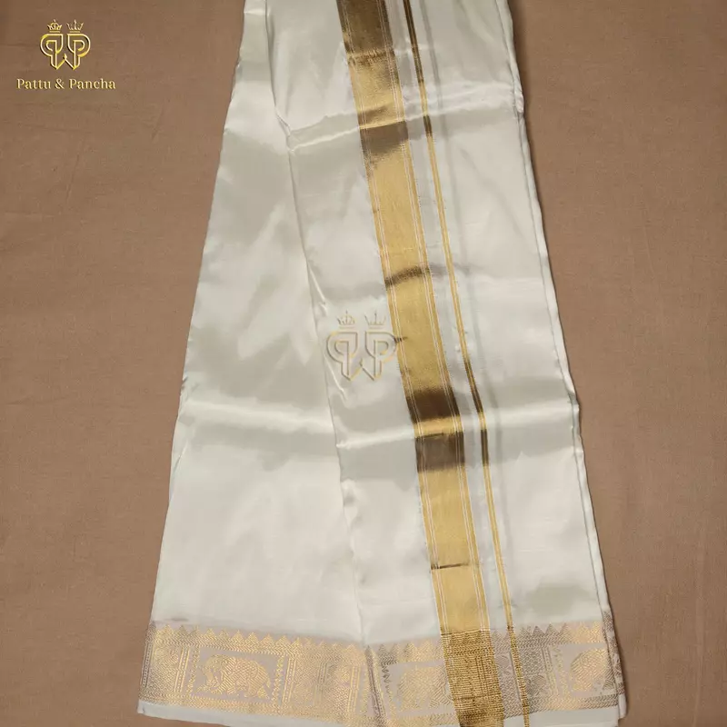 Pure Silk Blend Off White Panchakacham Dhoti with Elephant and Peacock Zari Border
