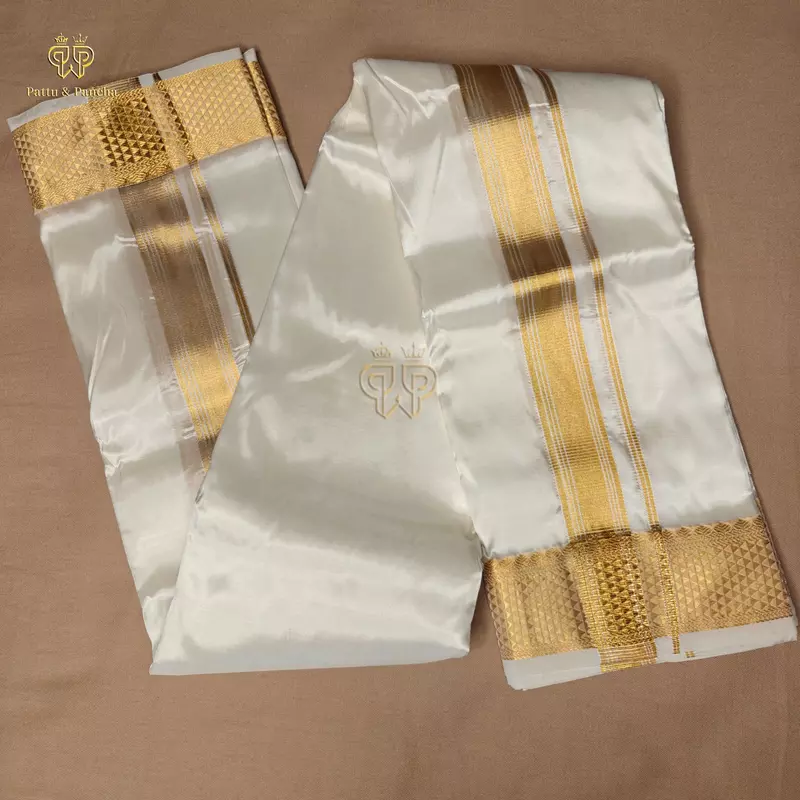 Pure Silk Blend Off White Dhoti with Traditional Gold Zari Border