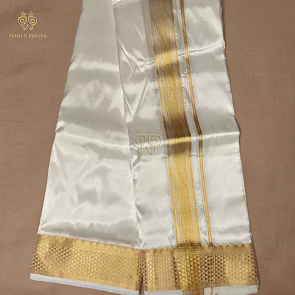 Pure Silk Blend Off White Dhoti with Traditional Gold Zari Border
