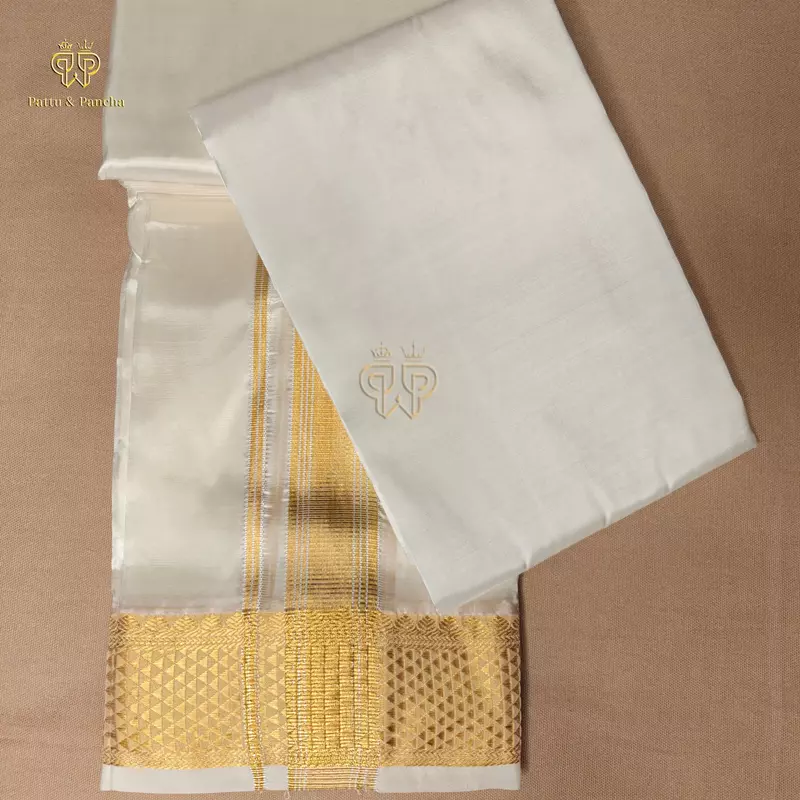 Pure Silk Blend Off White Dhoti with Traditional Gold Zari Border