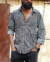 Rawscal Men’s Body Fit Printed Shirt – Black & White | Full Sleeves