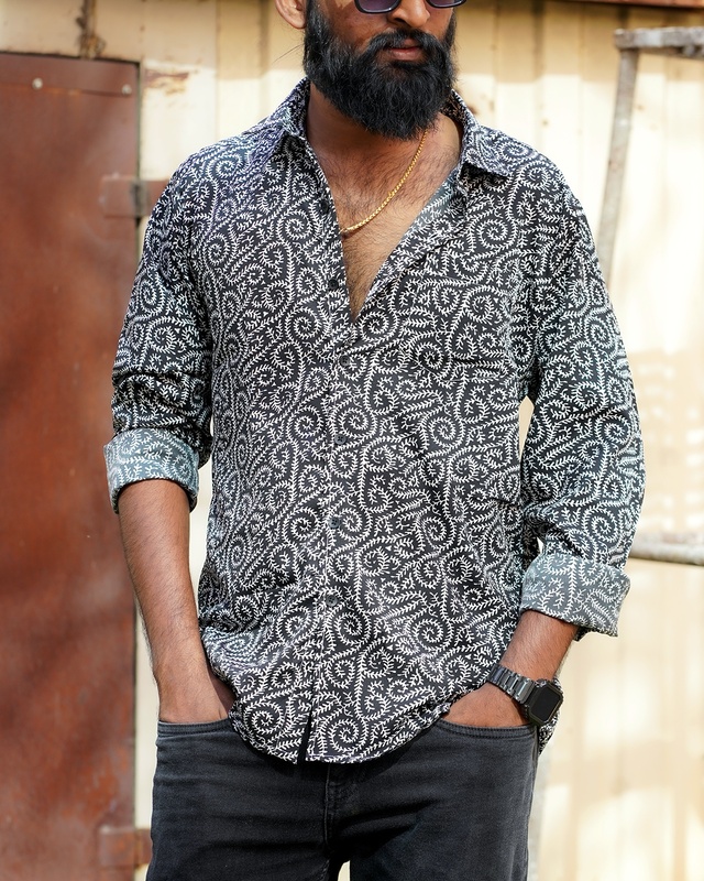 Rawscal Men’s Body Fit Printed Shirt – Black & White | Full Sleeves