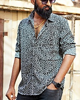 Rawscal Men’s Body Fit Printed Shirt – Black & White | Full Sleeves