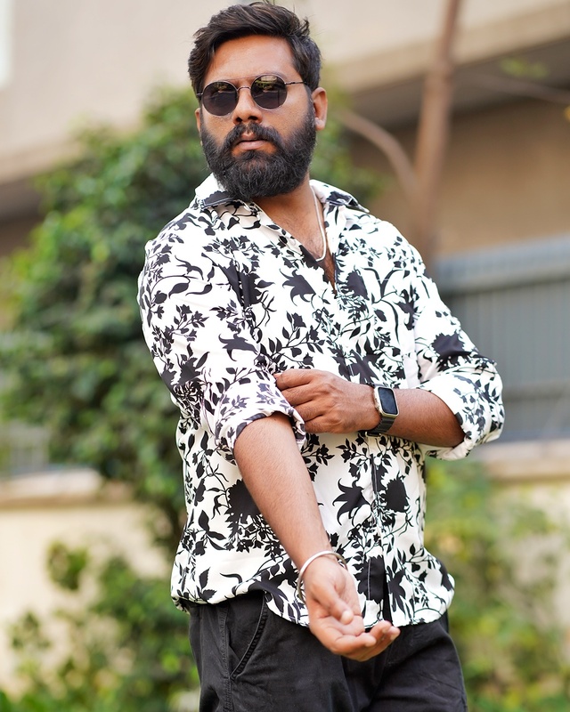 Rawscal Men’s Slim Fit Floral Printed Shirt – Black & White | Body Fit | Full Sleeves