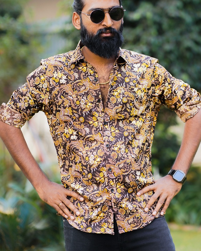 Rawscal Men’s Floral Print Shirt | Body Fit | Full Sleeves | Brown-Yellow