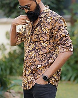 Rawscal Men’s Floral Print Shirt | Body Fit | Full Sleeves | Brown-Yellow