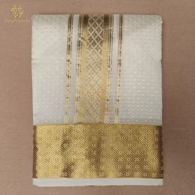 Art Silk Off White Panchakacham Dhoti with Diamond Jacquard Weave and Rich Gold Zari Border
