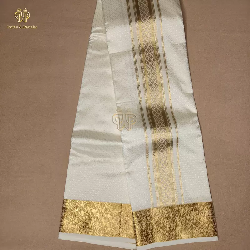 Art Silk Off White Panchakacham Dhoti with Diamond Jacquard Weave and Rich Gold Zari Border