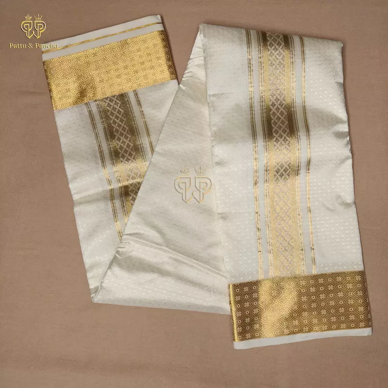 Art Silk Off White Panchakacham Dhoti with Diamond Jacquard Weave and Rich Gold Zari Border
