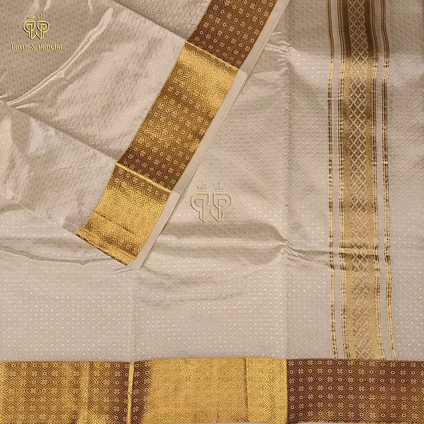 Art Silk Off White Panchakacham Dhoti with Diamond Jacquard Weave and Rich Gold Zari Border