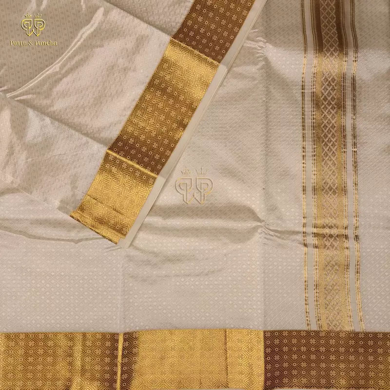 Art Silk Off White Panchakacham Dhoti with Diamond Jacquard Weave and Rich Gold Zari Border