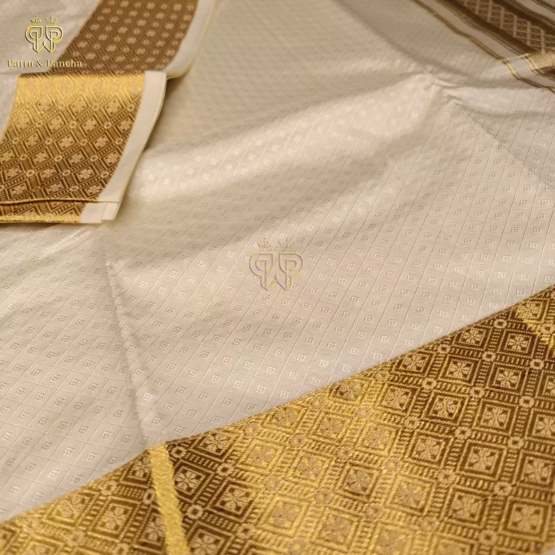 Art Silk Off White Panchakacham Dhoti with Diamond Jacquard Weave and Rich Gold Zari Border