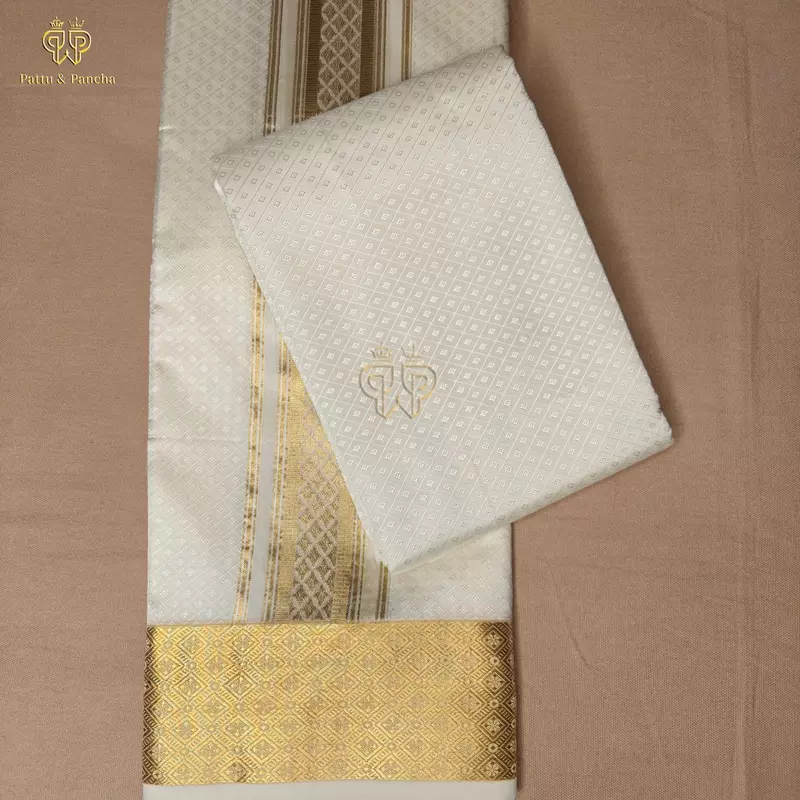 Art Silk Off White Panchakacham Dhoti with Diamond Jacquard Weave and Rich Gold Zari Border