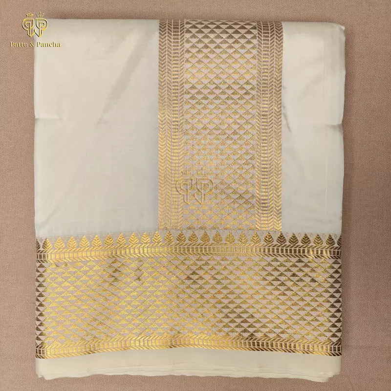 Art Silk Premium Finish Off White Dhoti with Rich Gold Zari Geometric Border