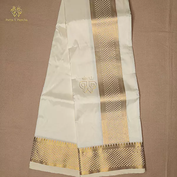 Art Silk Premium Finish Off White Dhoti with Rich Gold Zari Geometric Border