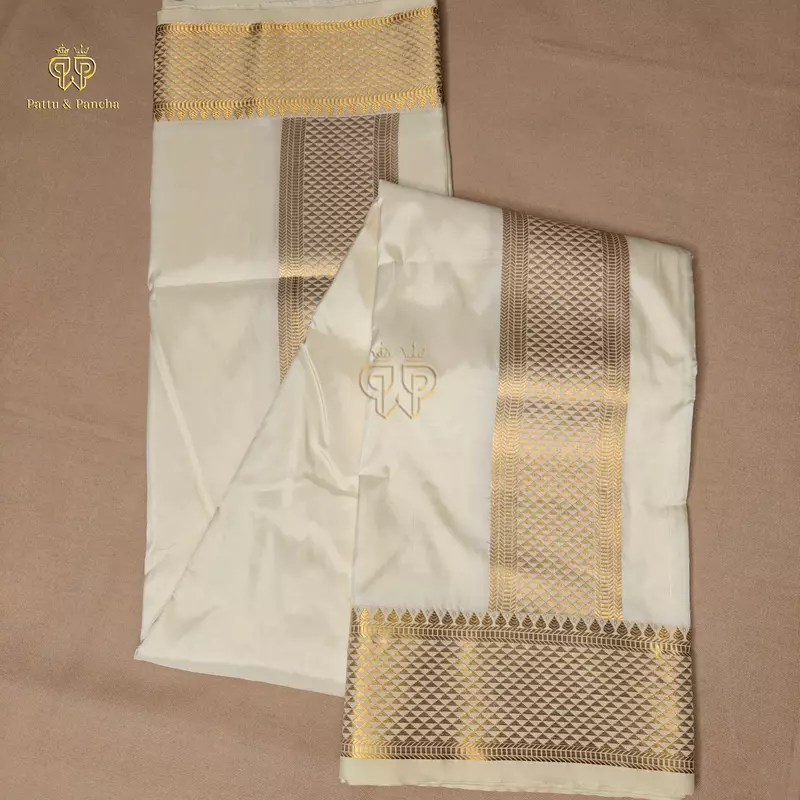 Art Silk Premium Finish Off White Dhoti with Rich Gold Zari Geometric Border