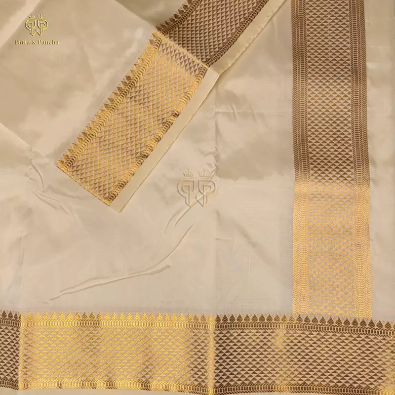 Art Silk Premium Finish Off White Dhoti with Rich Gold Zari Geometric Border