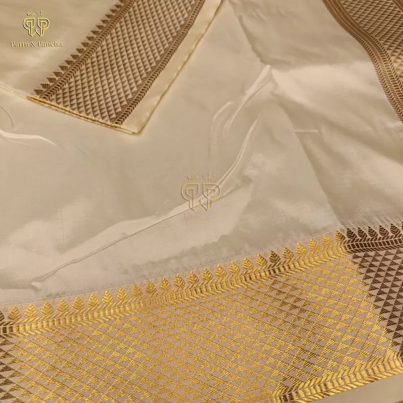 Art Silk Premium Finish Off White Dhoti with Rich Gold Zari Geometric Border