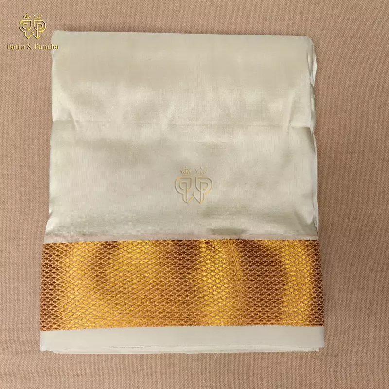 Art Silk Off White Dhoti with Broad Gold Zari Border