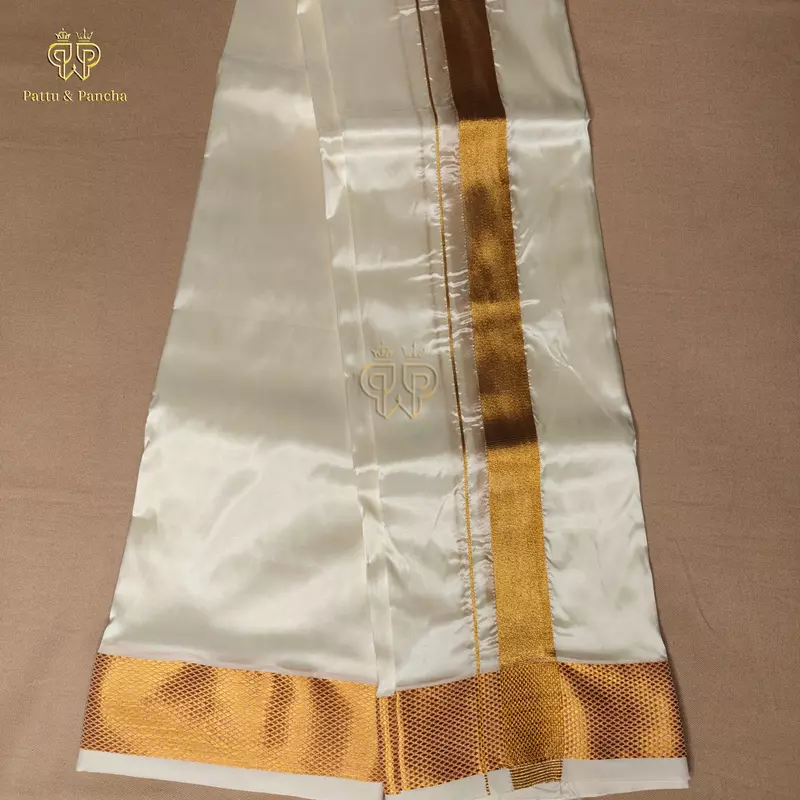 Art Silk Off White Dhoti with Broad Gold Zari Border