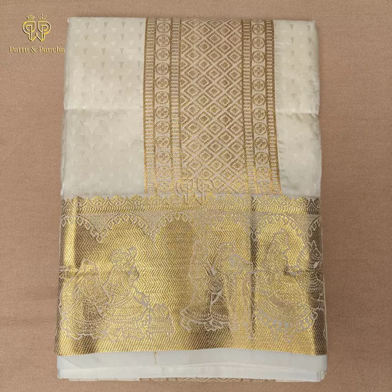 Art Silk Premium Finish Off White Dhoti with Traditional Pallakku Gold Zari Border