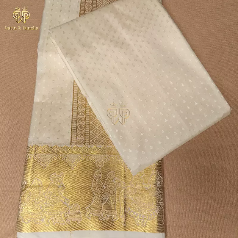 Art Silk Premium Finish Off White Dhoti with Traditional Pallakku Gold Zari Border