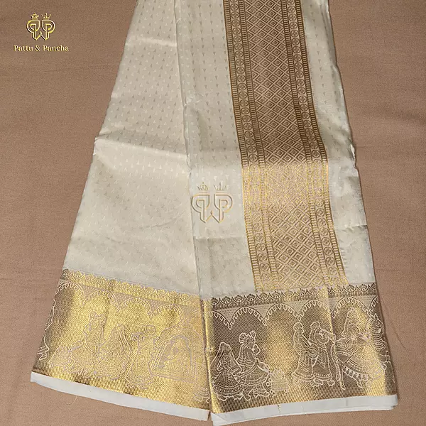 Art Silk Premium Finish Off White Dhoti with Traditional Pallakku Gold Zari Border