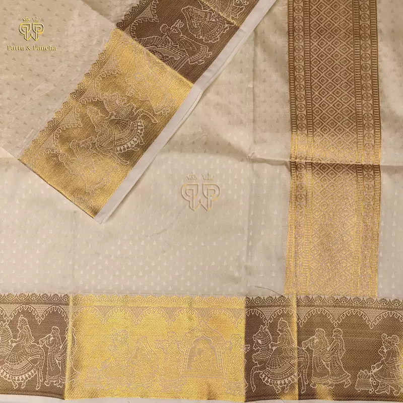 Art Silk Premium Finish Off White Dhoti with Traditional Pallakku Gold Zari Border