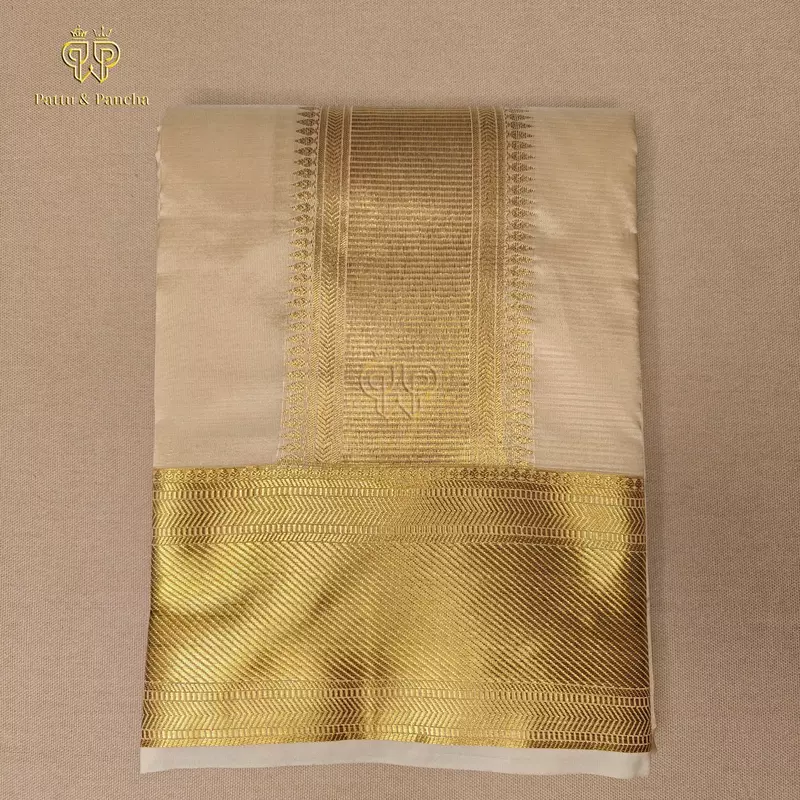 Art Silk Premium Finish Cream Dhoti with Classic Gold Zari Border