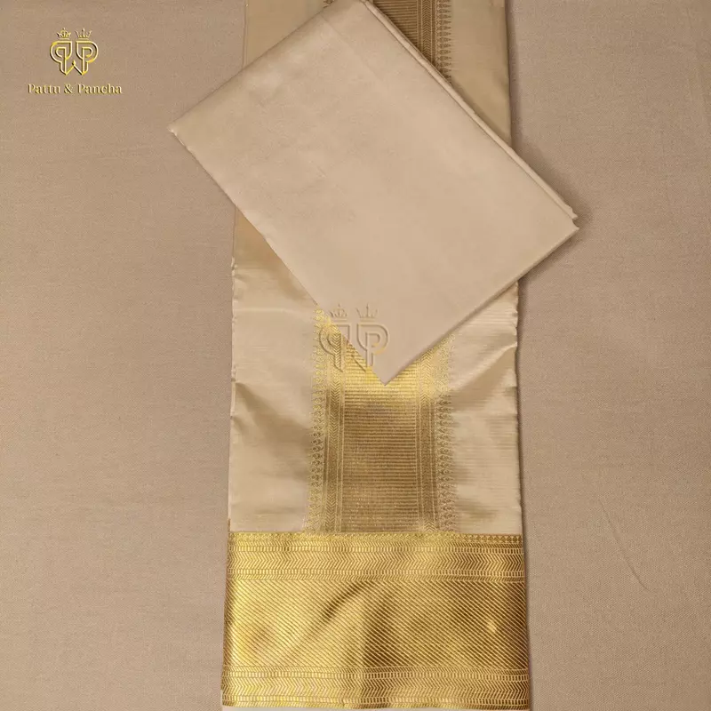 Art Silk Premium Finish Cream Dhoti with Classic Gold Zari Border