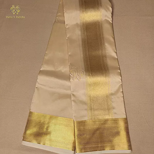 Art Silk Premium Finish Cream Dhoti with Classic Gold Zari Border