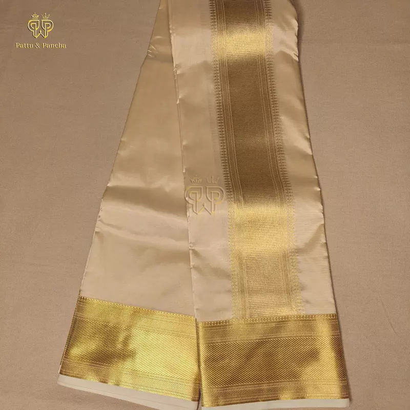 Art Silk Premium Finish Cream Dhoti with Classic Gold Zari Border