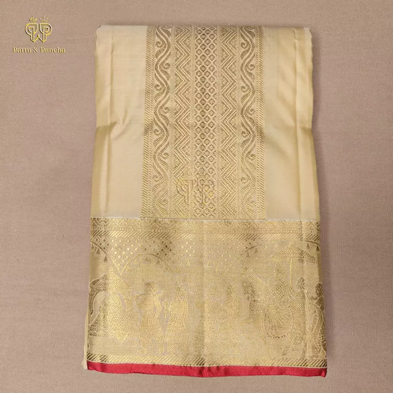 Pure Silk Premium Golden Cream Groom Dhoti with Traditional Pallakku Gold Zari Border