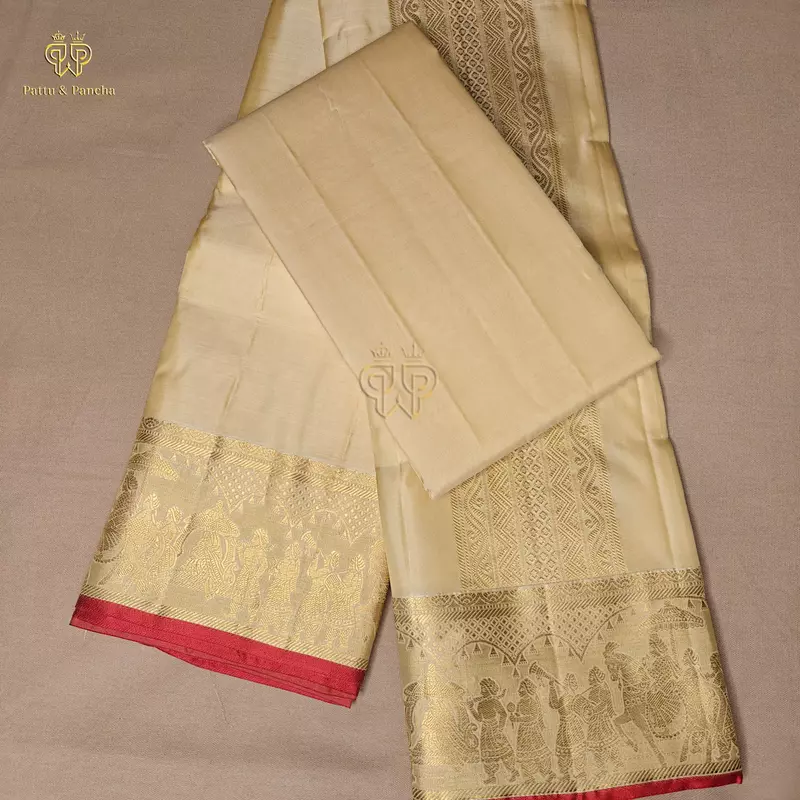 Pure Silk Premium Golden Cream Groom Dhoti with Traditional Pallakku Gold Zari Border