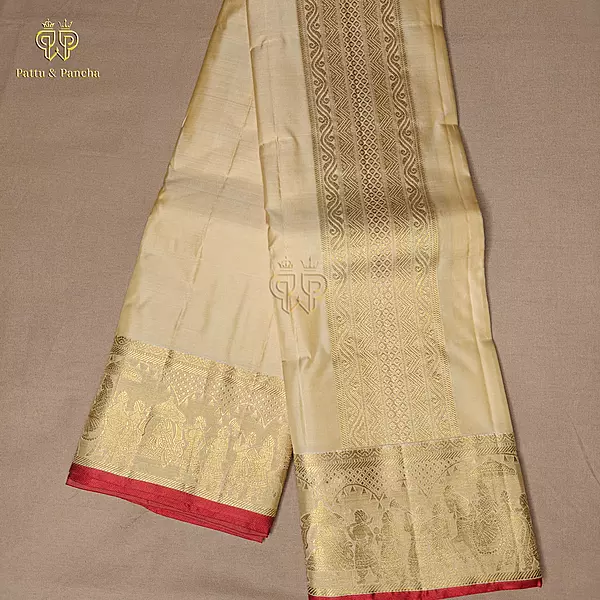 Pure Silk Premium Golden Cream Groom Dhoti with Traditional Pallakku Gold Zari Border