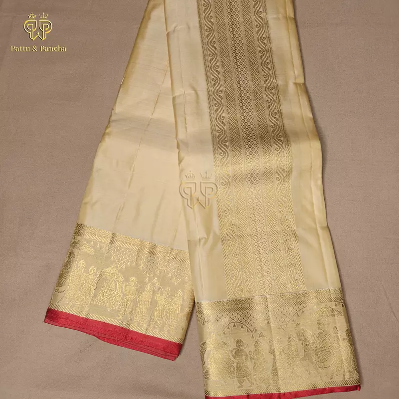Pure Silk Premium Golden Cream Groom Dhoti with Traditional Pallakku Gold Zari Border