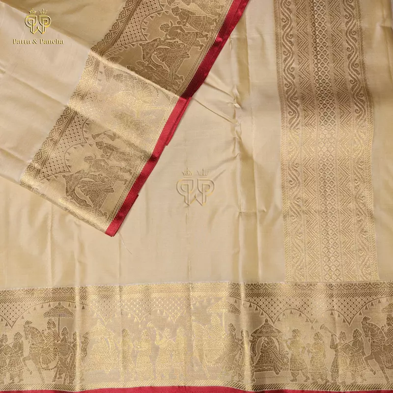 Pure Silk Premium Golden Cream Groom Dhoti with Traditional Pallakku Gold Zari Border