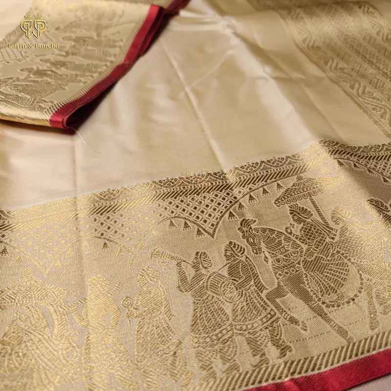 Pure Silk Premium Golden Cream Groom Dhoti with Traditional Pallakku Gold Zari Border