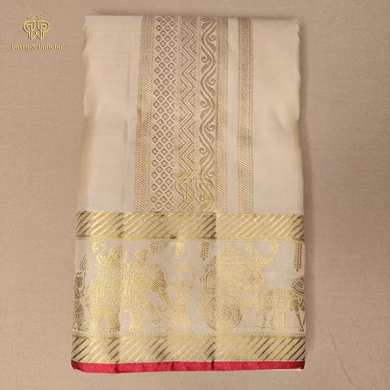 Pure Silk Premium Rose Gold Groom Dhoti with Traditional Pallakku Gold Zari Border