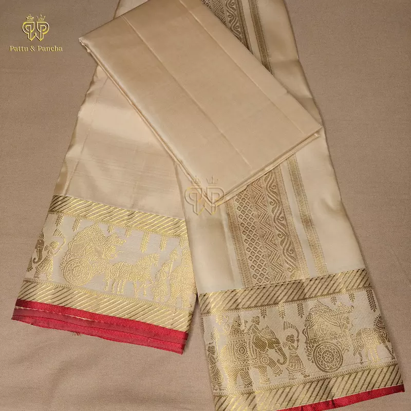 Pure Silk Premium Rose Gold Groom Dhoti with Traditional Pallakku Gold Zari Border