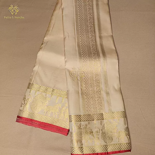 Pure Silk Premium Rose Gold Groom Dhoti with Traditional Pallakku Gold Zari Border