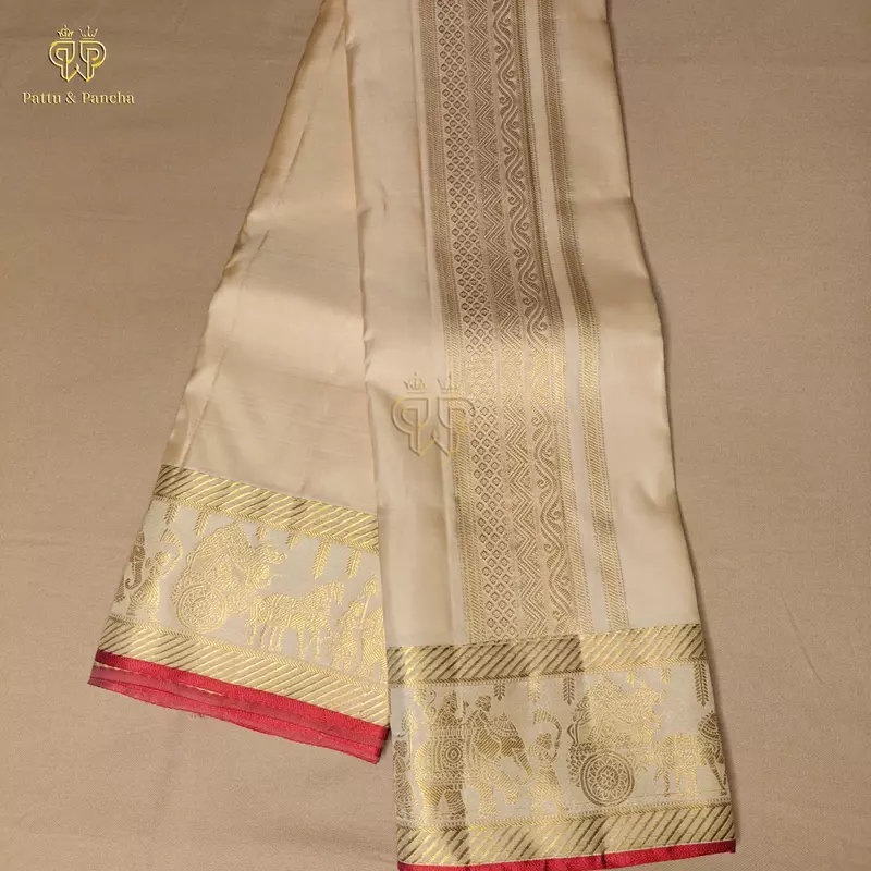 Pure Silk Premium Rose Gold Groom Dhoti with Traditional Pallakku Gold Zari Border