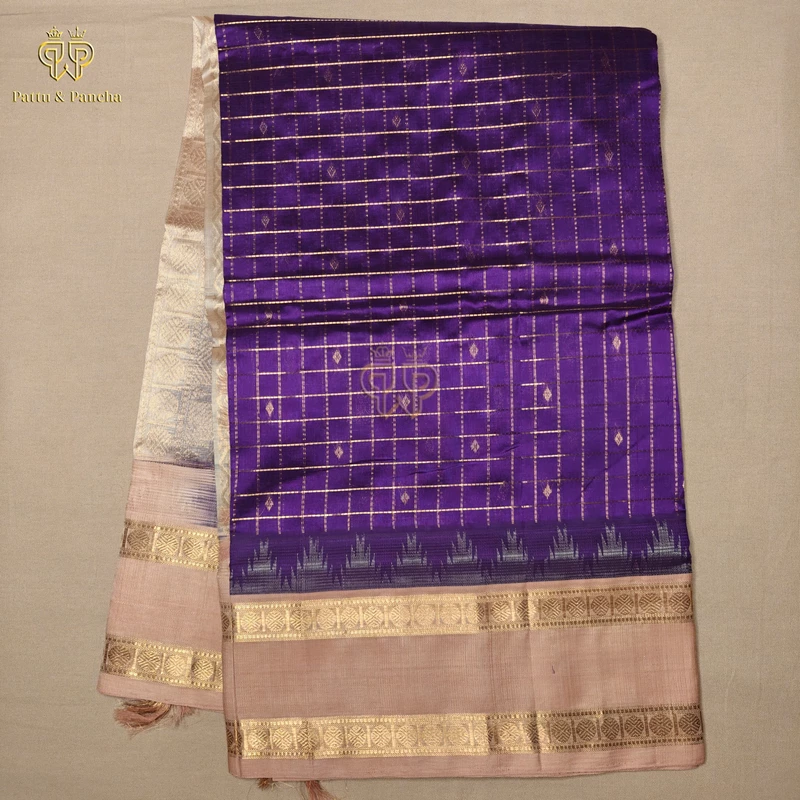 Pure Silk Cotton Purple Saree with Rose Gold and traditional Rettapet Border