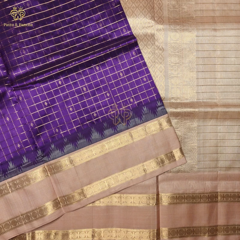 Pure Silk Cotton Purple Saree with Rose Gold and traditional Rettapet Border