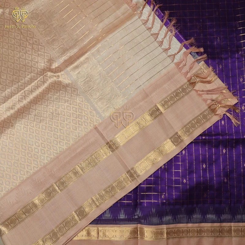 Pure Silk Cotton Purple Saree with Rose Gold and traditional Rettapet Border