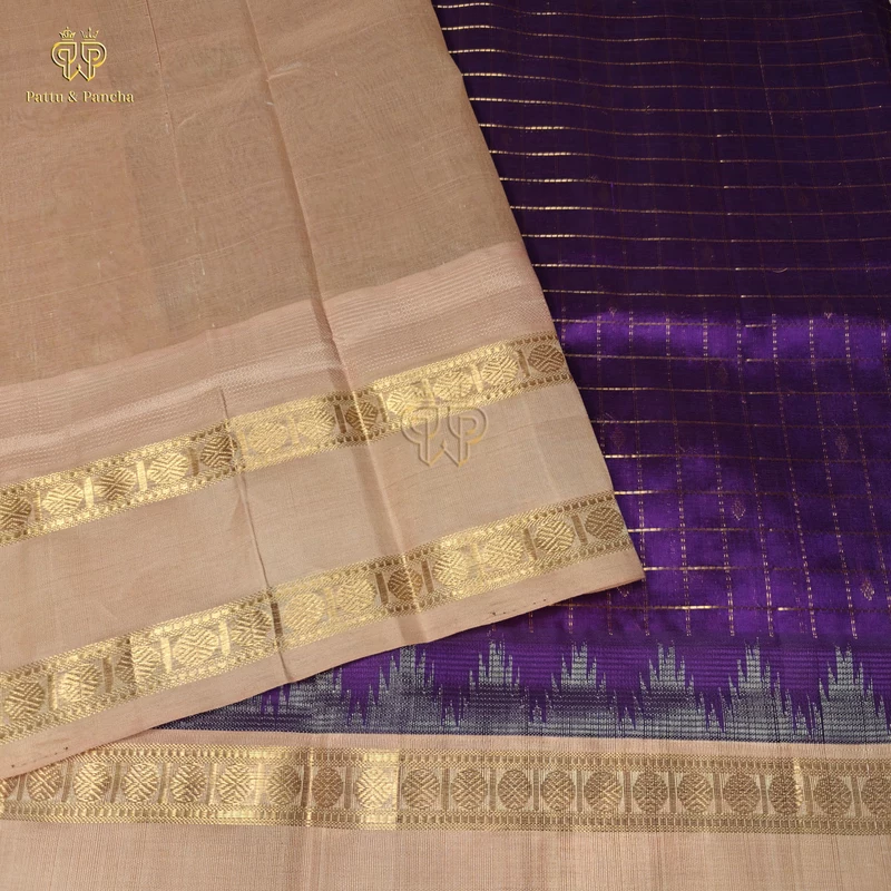 Pure Silk Cotton Purple Saree with Rose Gold and traditional Rettapet Border